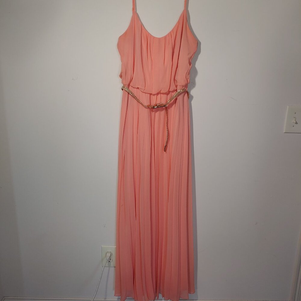 Bisou Bisou Michele Bohbot Spaghetti Strap Pleated Skirt Maxi Dress Sz 14 Pink